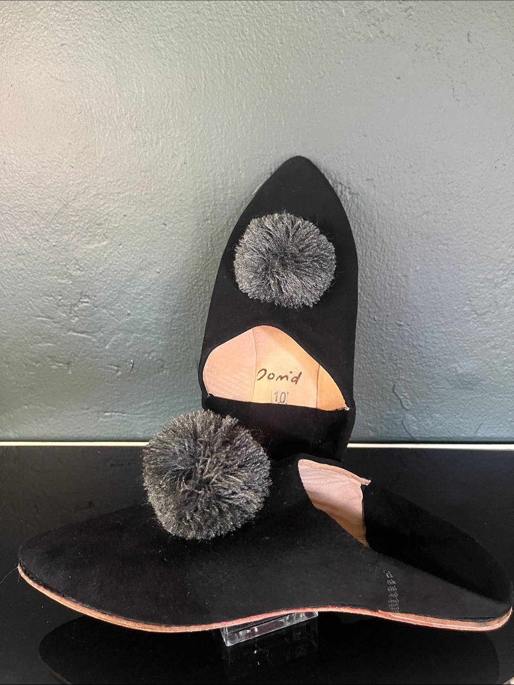 Alexandra Gater Pom'd Black Velvet The Midnight Slipper Mules Pom Pom Flat, Sz10